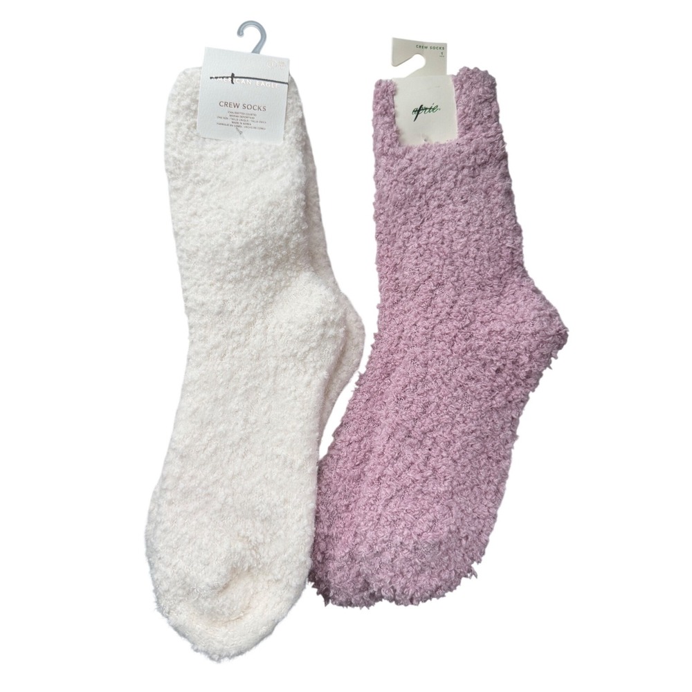 Aerie American Eagle Fuzzy Crew Socks Bundle 2 Pairs Cream Purple Knit O/S